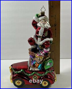 Christopher Radko Xmas Ornament Santa on World Tour Elf Car Suitcases Travel
