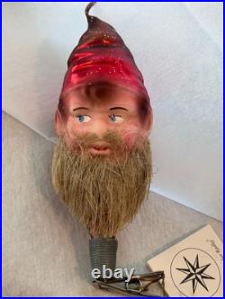 NWT Vintage Christopher Radko Gnome Man Elf Clip on Ornament Real Beard RARE