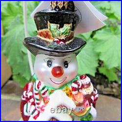 RADKO 3 piece'SNOW SWEETS SPECTACULAR' snowman ornament, snow globe & holder