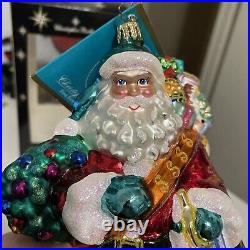 Radko Bright Tidings Santa With Wreath Horn Top Giftsack Glass Ornament 7.5