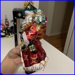 Radko Bright Tidings Santa With Wreath Horn Top Giftsack Glass Ornament 7.5