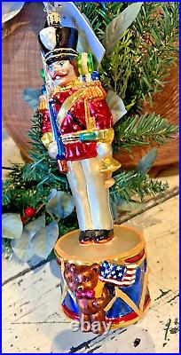 Radko FORWARD MARCH Soldier Drum Teddy Patriotic Flag Glass Christmas Ornament