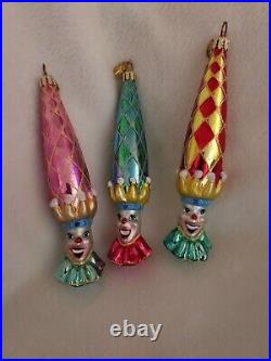 Radko Jest For Laughs Set 3-5.5 Ornaments. Blue/Green, Pink/Purple, YellowithRed