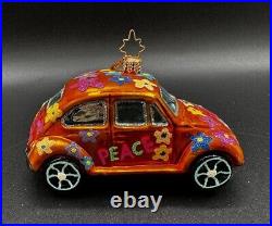 Radko Peace Flower Power Love Bug Orange VW Volkswagen Glass Christmas Ornament
