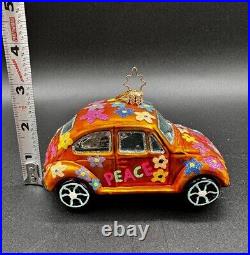 Radko Peace Flower Power Love Bug Orange VW Volkswagen Glass Christmas Ornament