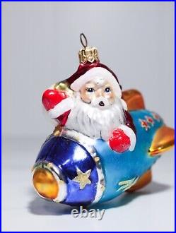 Rare CHRISTOPHER RADKO Santa Riding Rocketship Glass Christmas Ornament with TAG
