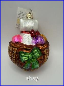 Rare Christopher Radko 1996 Kitty Cat Basket Ornament Glass Poland Rare with Tag