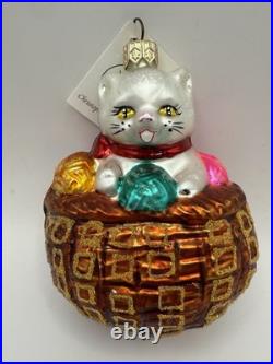 Rare Christopher Radko 1996 Kitty Cat Basket Ornament Glass Poland Rare with Tag