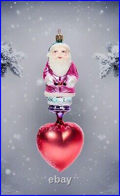 Rare Vintage Christopher Radko Pink Heartfelt Santa Glass Christmas Ornament