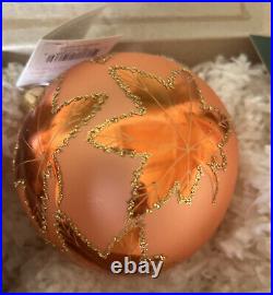 Rare Vtg Christopher Radko Orange Scarlett Ball Glass Ornament Maple Leaf