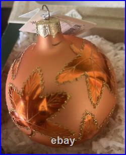 Rare Vtg Christopher Radko Orange Scarlett Ball Glass Ornament Maple Leaf