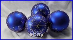 Set 4 Christopher Radko Large 4 Christmas Hand Blown Ornament Glass Blue Gold