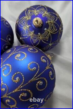 Set 4 Christopher Radko Large 4 Christmas Hand Blown Ornament Glass Blue Gold