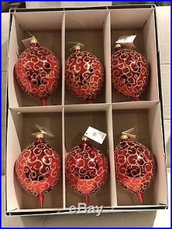 Set Of 6 Christopher Radko Rhapsody Red And Gold Teardrop Ornaments