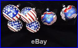 Set of 6 Christopher Radko Patriotic America USA Flag BALL GLASS ORNAMENTS Box