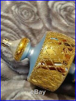 Signed 88-078-0 Christopher Radko Spin Top Blue Gold Glass Christmas Ornament