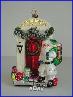 Two Sided SANTA AT DOOR 3D CHRISTOPHER RADKO Mouth Blown Glass Ornament