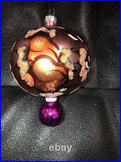 Vintage Radko Pink Large Ball With Painted Fruits & Pendulum Ornament Nwot