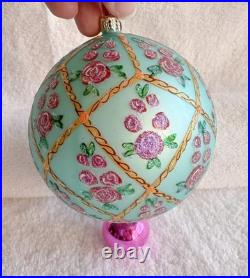 Vintage Radko'Rose Garden' Glass Ornament Flower Ball Drop Pink Blue