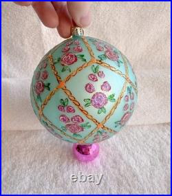 Vintage Radko'Rose Garden' Glass Ornament Flower Ball Drop Pink Blue