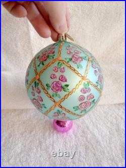 Vintage Radko'Rose Garden' Glass Ornament Flower Ball Drop Pink Blue