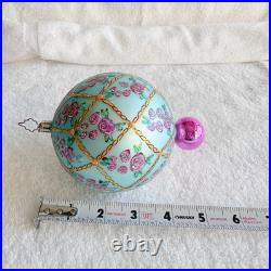 Vintage Radko'Rose Garden' Glass Ornament Flower Ball Drop Pink Blue