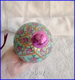 Vintage Radko'Rose Garden' Glass Ornament Flower Ball Drop Pink Blue