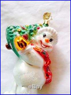 Vtg Christopher Radko Blown Glass Christmas Snowman Ornament Skating With Tree