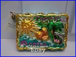Vtg Christopher Radko Blown Glass Greetings From Florida As Post Card Ornament