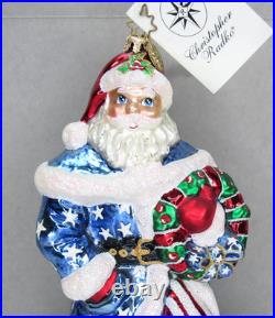 Vtg RARE Christopher Radko OLD GLORY SANTA Patriotic Flag Wreath Glass Ornament